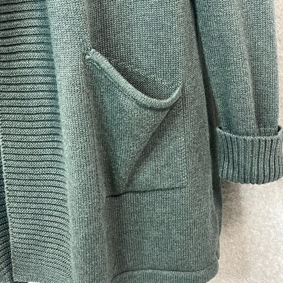 Tahari Open Front Cardigan Sweater Duster Hood Medium Green Cotton Blend Pockets - Picture 6 of 11